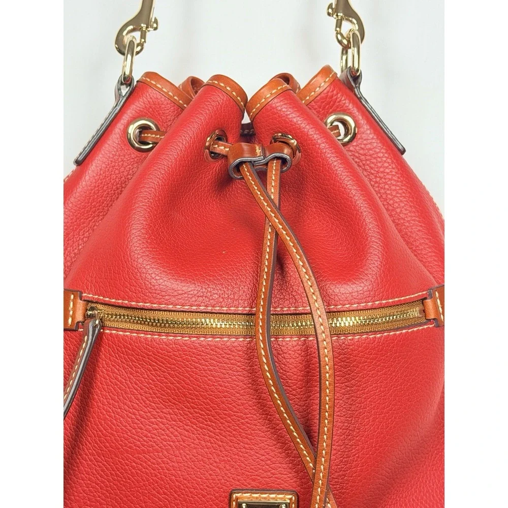 Dooney & Bourke Pebble Grain Red Drawstring Bucket Bag Leather Crossbody Purse